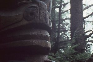 Closeup of a Tsimshian totem pole 